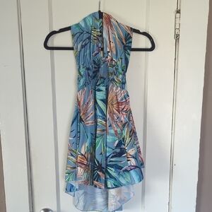 Blue Tropical High-Low Halter Dress